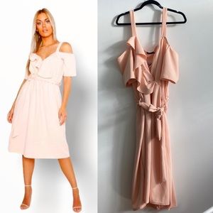 Boohoo Blush Pink Surplus Cold Shoulder Ruffle Sash Belt Midi Dress Size 24 NWT